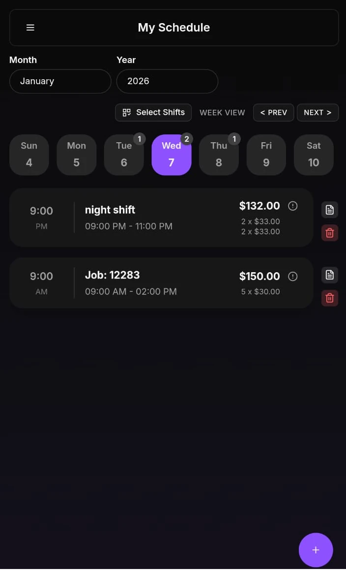 Agenda showing upcoming shifts and reminders