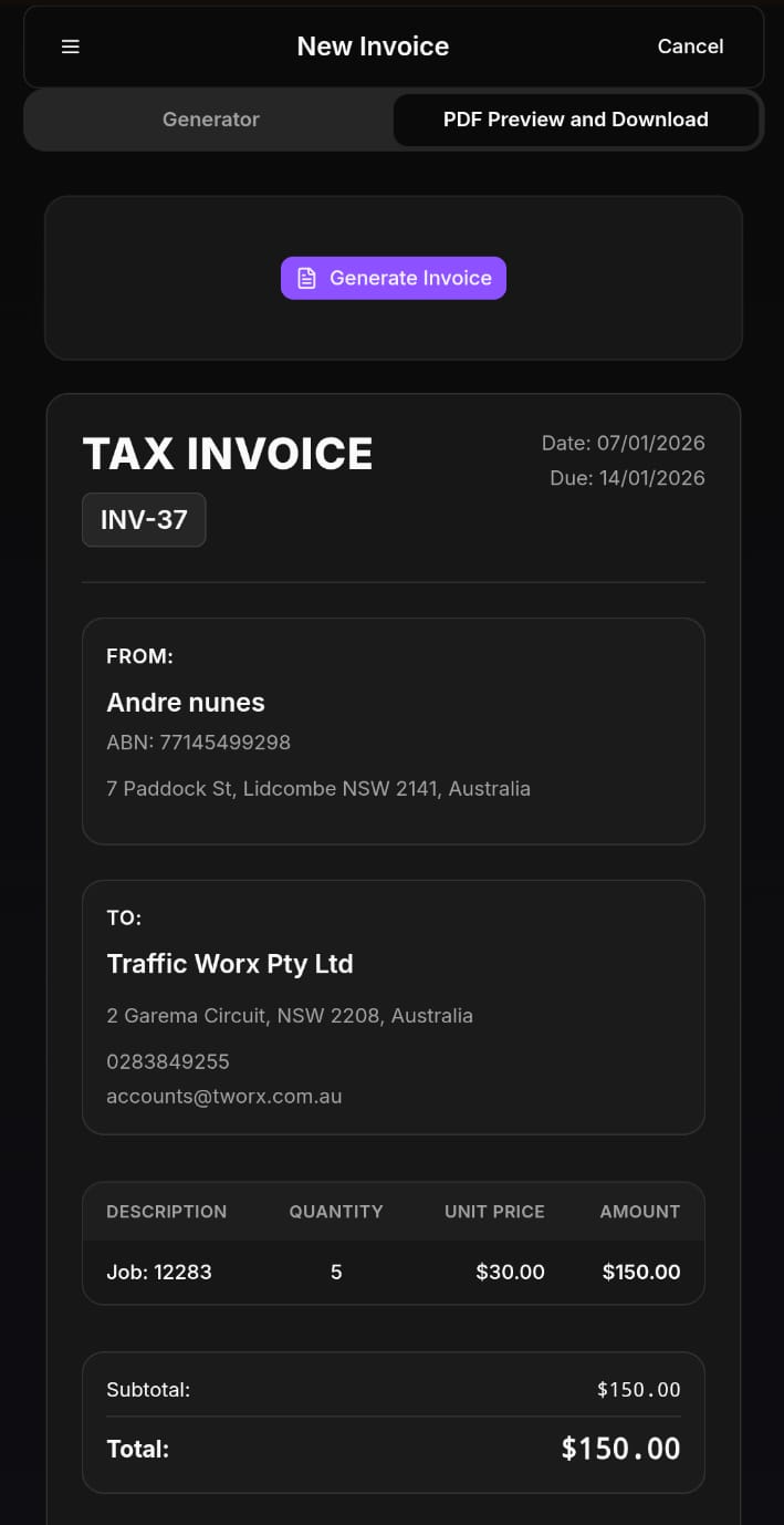 Invoice preview with totals and one-click generation