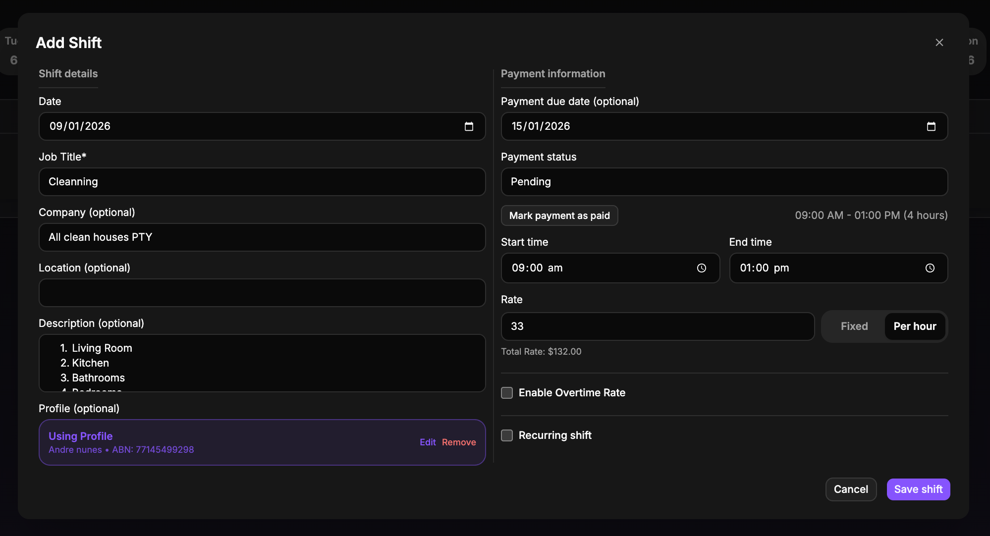 Shift details with requirements and acceptance flow